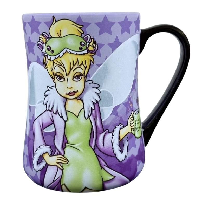 Tinker Bell Mornings Disney vintage mug with fairy in green nightgown and purple robe holding a small mug on purple star backdrop