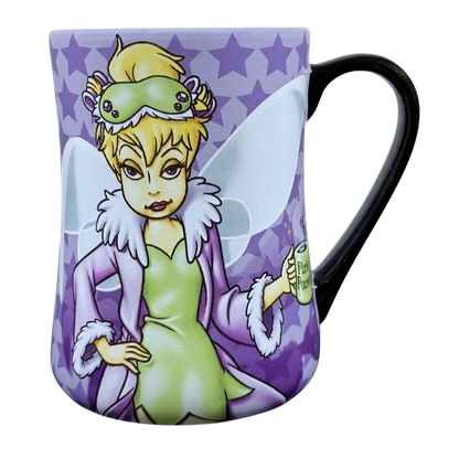 Tinker Bell Mornings Disney vintage mug with fairy in green nightgown and purple robe holding a small mug on purple star backdrop