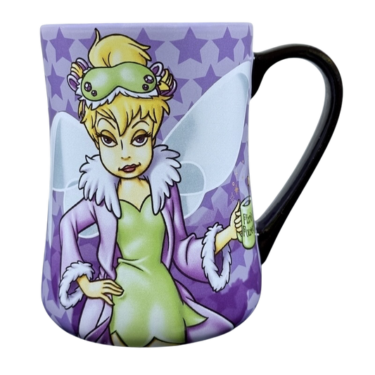 Tinker Bell Mornings Disney vintage mug with fairy in green nightgown and purple robe holding a small mug on purple star backdrop