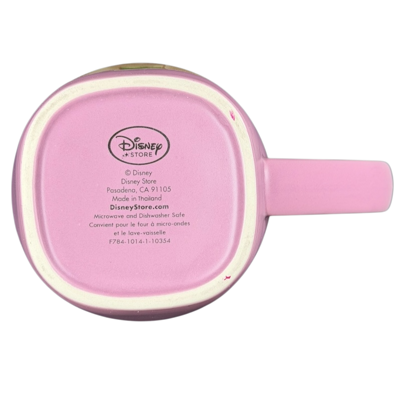 Bottom view of Tinker Bell pink Disney mug showcasing its design and branding details