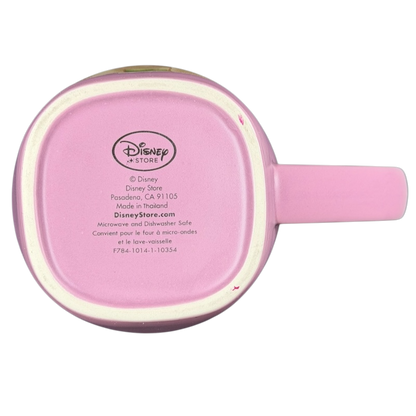 Bottom view of Tinker Bell pink Disney mug showcasing its design and branding details
