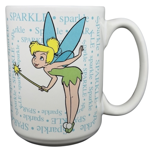 Tinker Bell sparkle Disney mug featuring Tinker Bell with a magic wand and vibrant colors