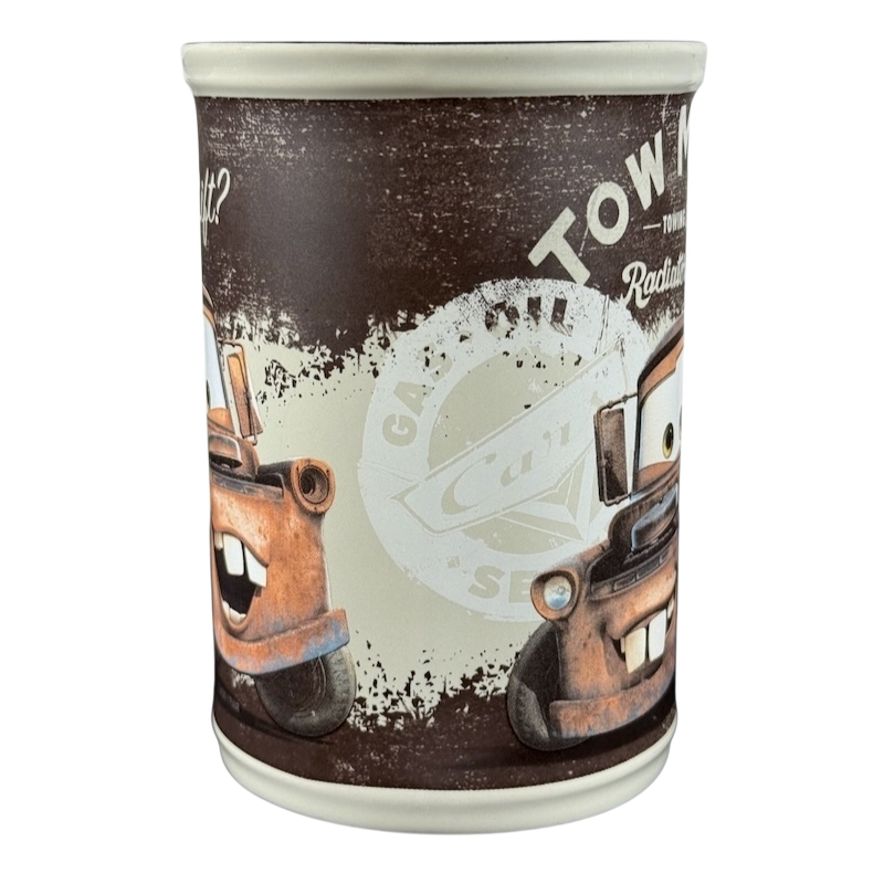 Disney Tow Mater cup vintage design featuring the character Tow Mater from Cars with rustic background
