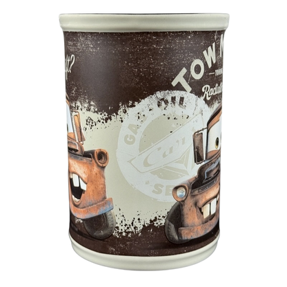 Disney Tow Mater cup vintage design featuring the character Tow Mater from Cars with rustic background