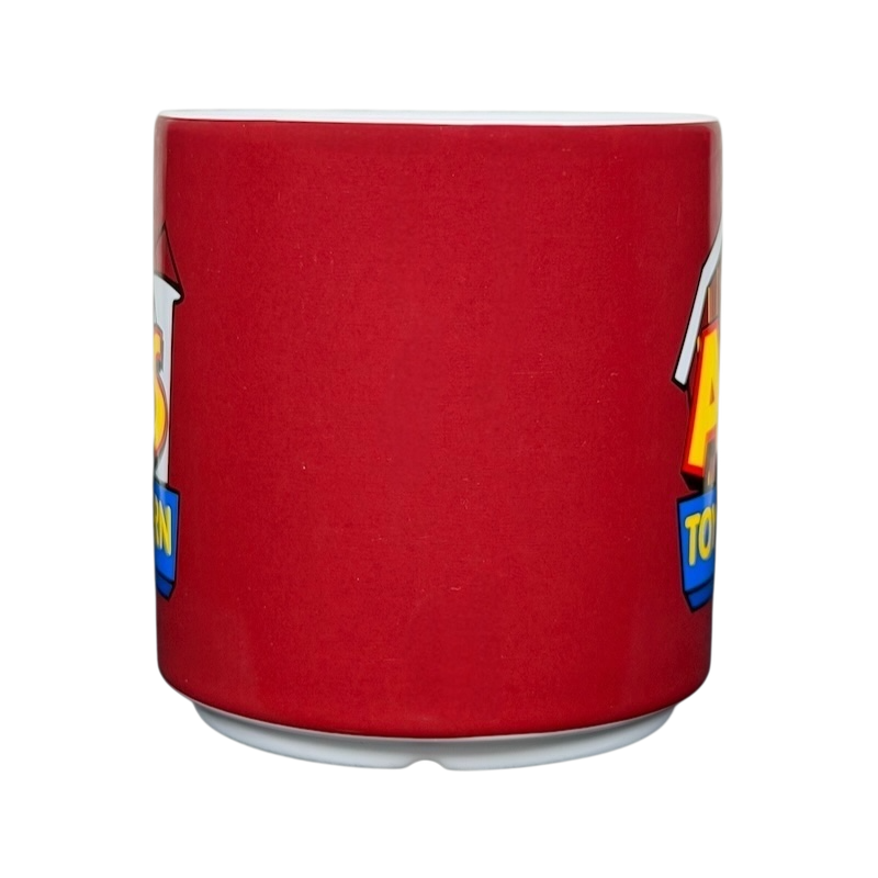 Disney Toy Story Al's Toy Barn collectible mug featuring a vibrant red design with a playful logo