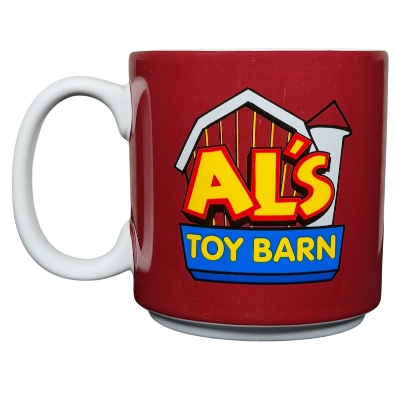 Disney Toy Story Al's Toy Barn collectible mug featuring vibrant red and yellow design