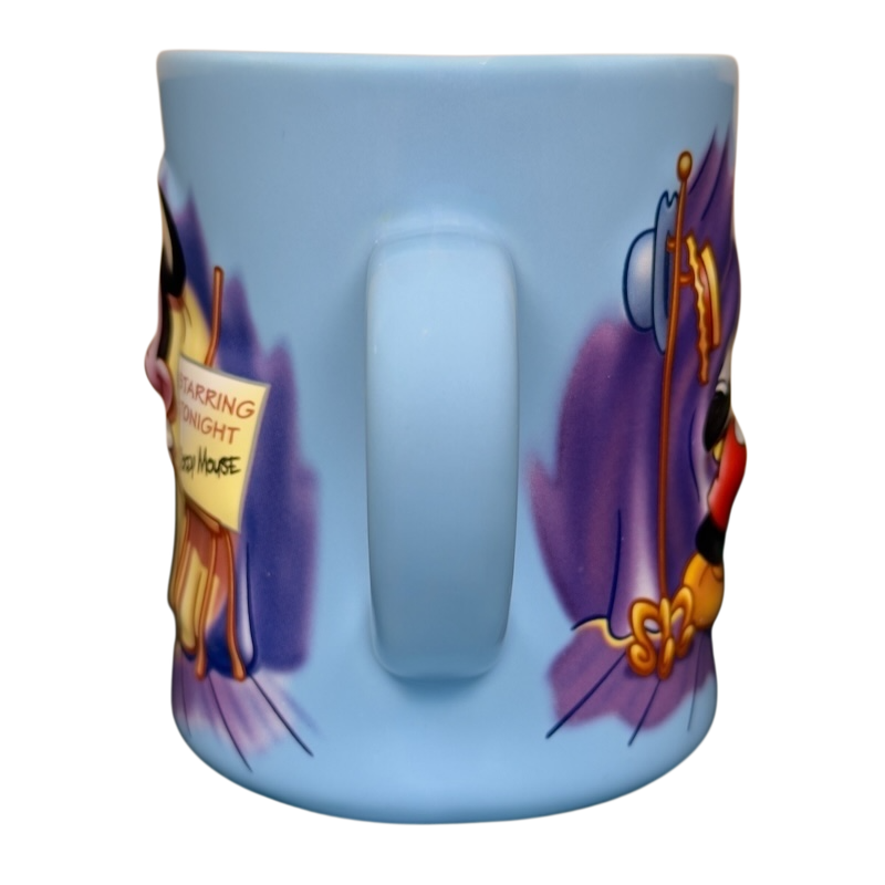 Light blue Disney ceramic mug with handle featuring vintage Mickey Mouse starring tonight curtain call mug stage artwork