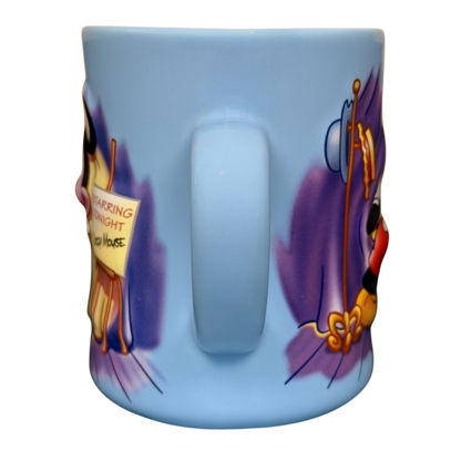 Light blue Disney ceramic mug with handle featuring vintage Mickey Mouse starring tonight curtain call mug stage artwork