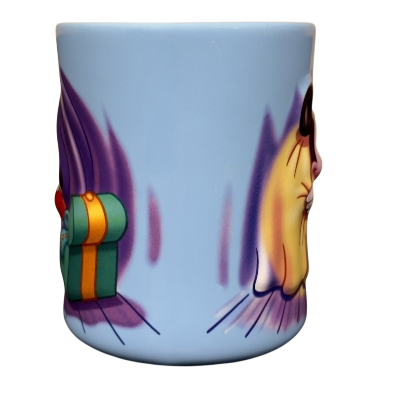 Disney light blue ceramic vintage Mickey Mouse starring tonight curtain call mug showing theater stage and gift box graphics