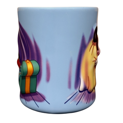 Disney light blue ceramic vintage Mickey Mouse starring tonight curtain call mug showing theater stage and gift box graphics