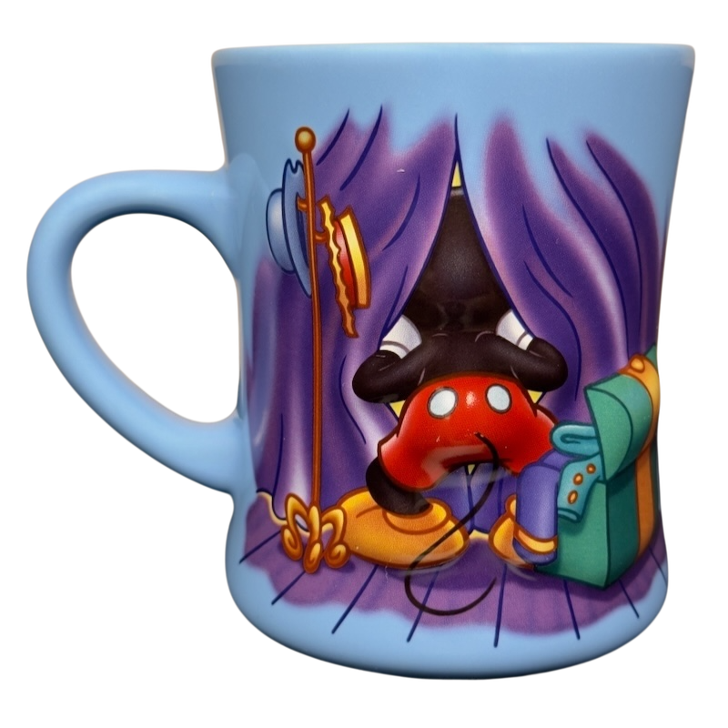 Disney blue mug with vintage Mickey Mouse starring tonight curtain call mug showing backstage curtains and hat