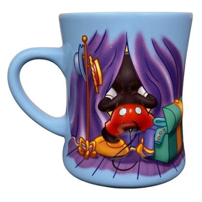 Disney blue mug with vintage Mickey Mouse starring tonight curtain call mug showing backstage curtains and hat