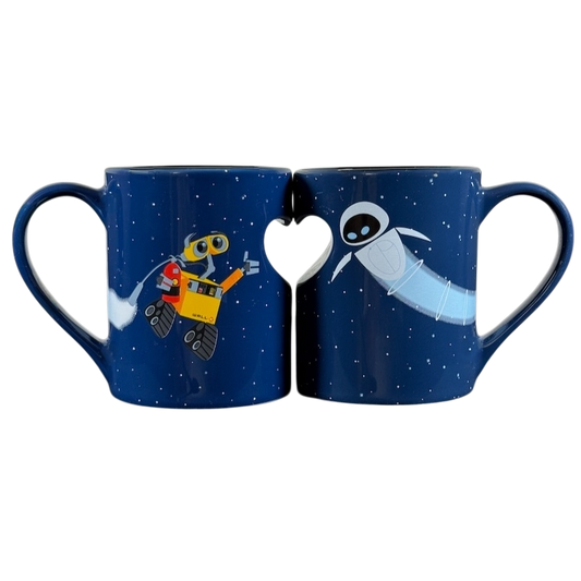 Disney Wall-E and Eve vintage mug set with heart-shaped cutout handles and space-themed design