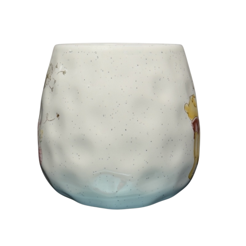 Winnie the Pooh dimpled ceramic collectible mug white speckled rounded tumbler with light blue base and Pooh art