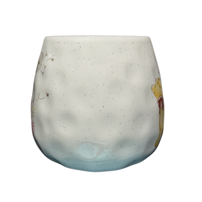 Winnie the Pooh dimpled ceramic collectible mug white speckled rounded tumbler with light blue base and Pooh art