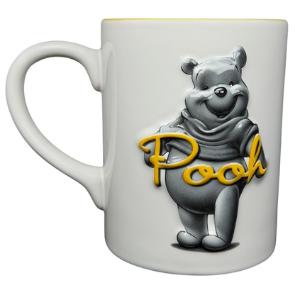 Winnie The Pooh Embossed Mug Disney featuring a 3D image of Winnie the Pooh on a white ceramic mug