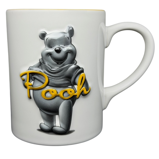 Winnie The Pooh Embossed Mug Disney featuring a cheerful Pooh design in gray and yellow