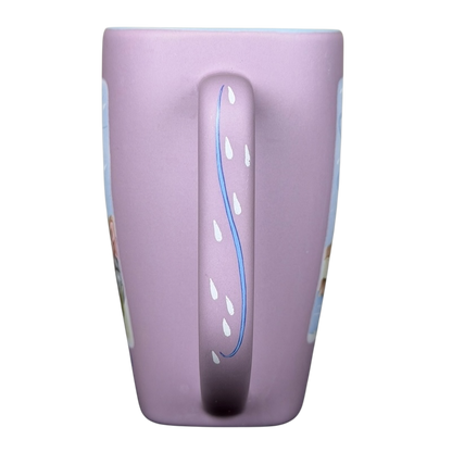 Side view of Disneyland Eeyore collectible mug in pastel purple with adorable character design