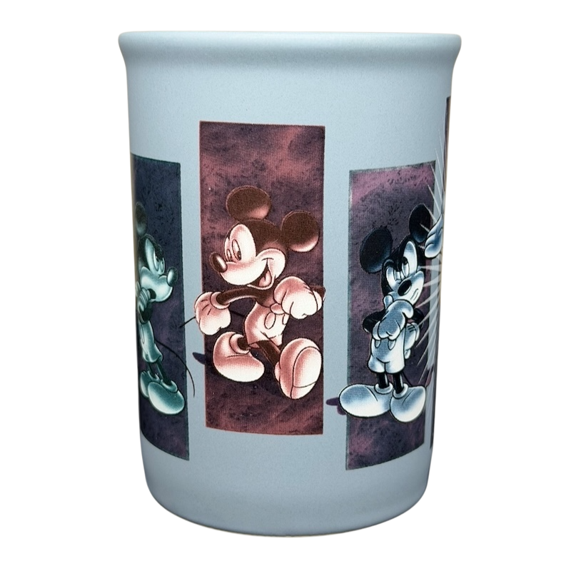 Mickey Mouse 5 Poses Disneyland Mug featuring colorful illustrations of Mickey Mouse in various poses