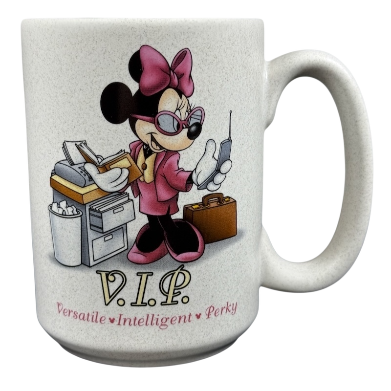 Disneyland Minnie Mouse VIP vintage mug featuring a stylish Minnie with a pink outfit and glasses