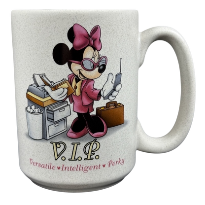 Disneyland Minnie Mouse VIP vintage mug featuring a stylish Minnie with a pink outfit and glasses