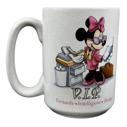 Disneyland Minnie Mouse VIP vintage mug featuring a stylish Minnie with a pink outfit and accessories