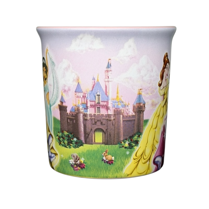 Colorful Disney Princess Castle Disneyland Resort Mug featuring Belle and friends with a scenic castle view