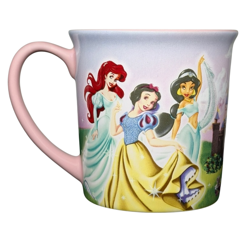Disney Princess Castle Disneyland Resort Mug featuring Snow White, Ariel, and Jasmine in a vibrant design