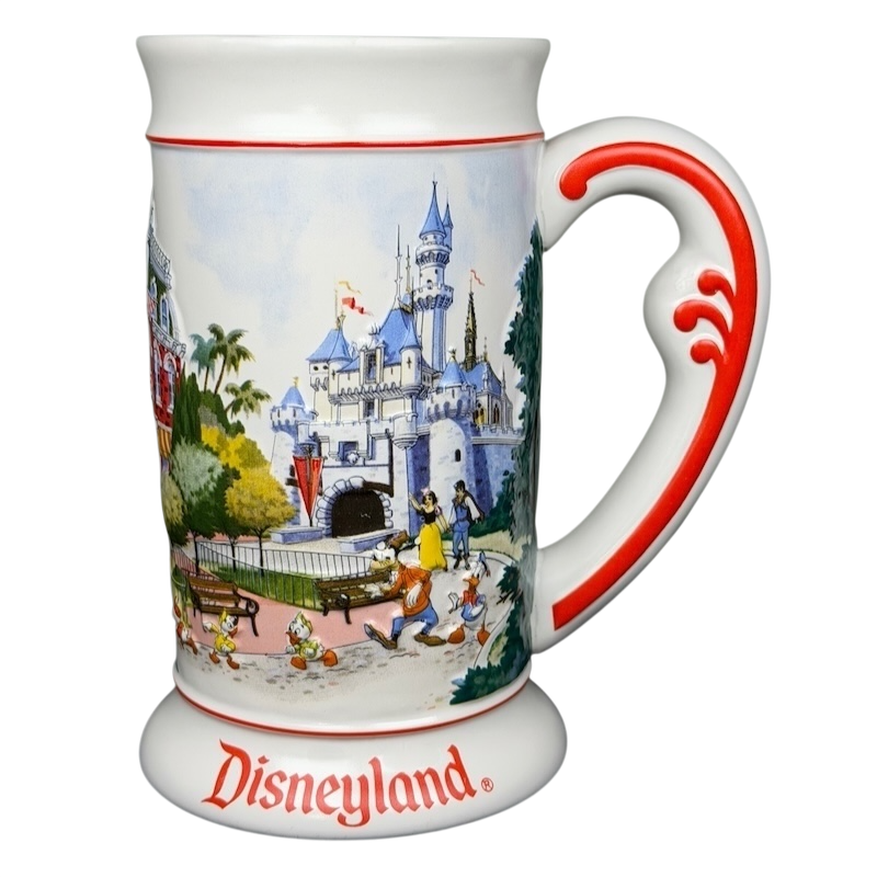 Disneyland Sleeping Beauty Castle Main Street USA Stein Mug featuring colorful park scenes and characters