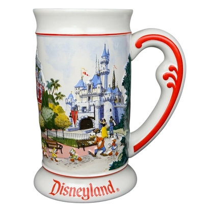 Disneyland Sleeping Beauty Castle Main Street USA Stein Mug featuring colorful park scenes and characters