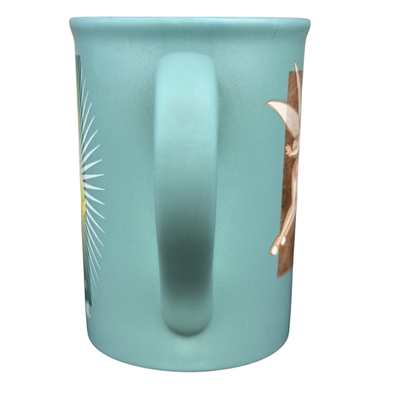 Tinker Bell Tink 5 Poses Disneyland Mug in teal with whimsical fairy illustrations
