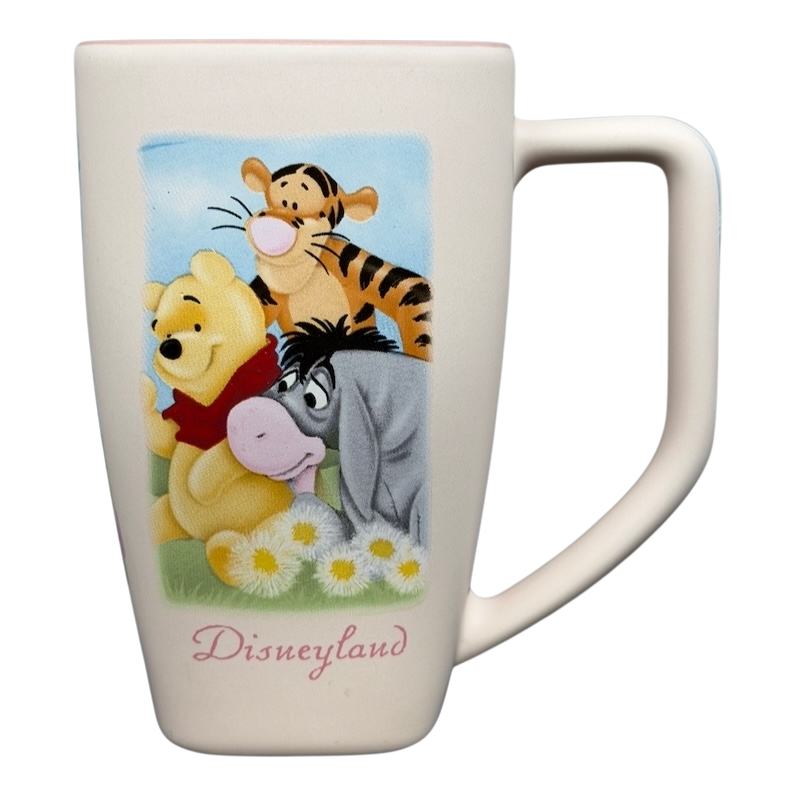 Disneyland Winnie the Pooh Make A Wish vintage mug featuring Pooh, Tigger, and Eeyore with flowers