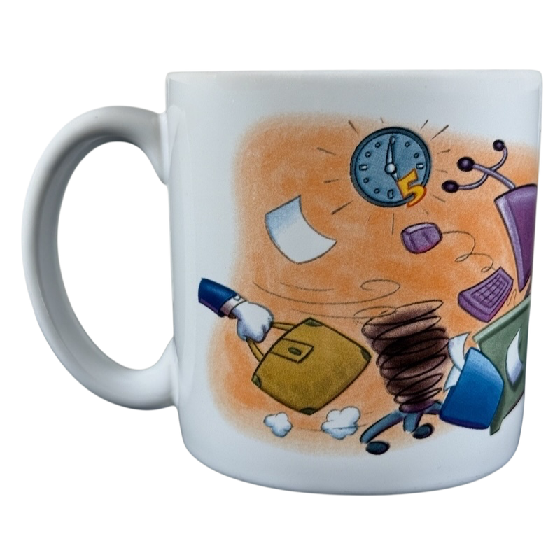 Disney Clock Watcher vintage Donald Duck mug featuring animated office scene with clock and flying objects