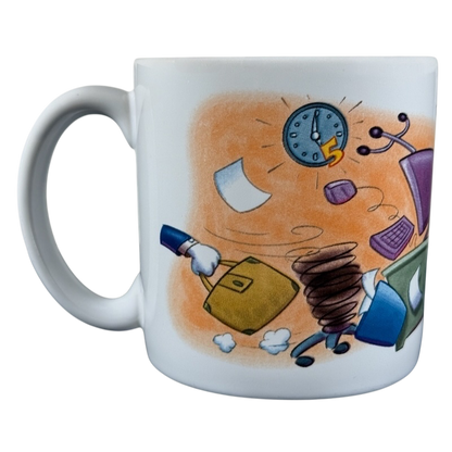 Disney Clock Watcher vintage Donald Duck mug featuring animated office scene with clock and flying objects