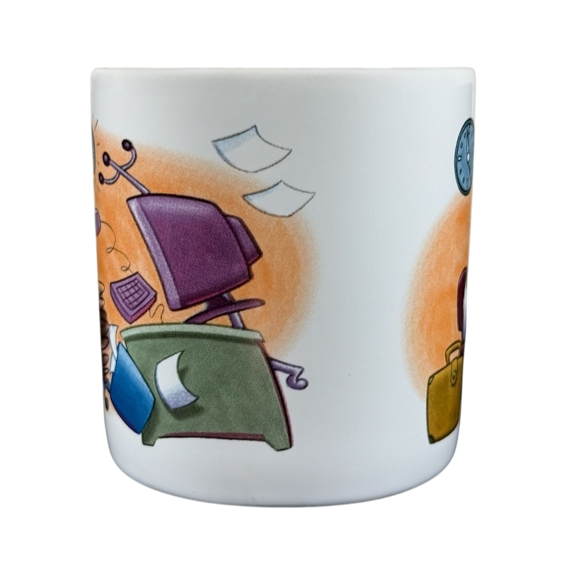 Disney Clock Watcher vintage Donald Duck mug featuring office chair, clock, and flying papers design