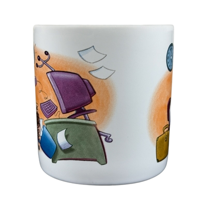 Disney Clock Watcher vintage Donald Duck mug featuring office chair, clock, and flying papers design