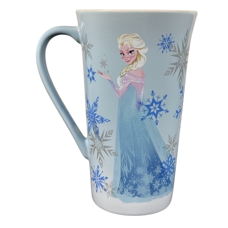 Frozen Elsa Disney mug tall light blue ceramic mug with Elsa illustration and blue snowflake pattern