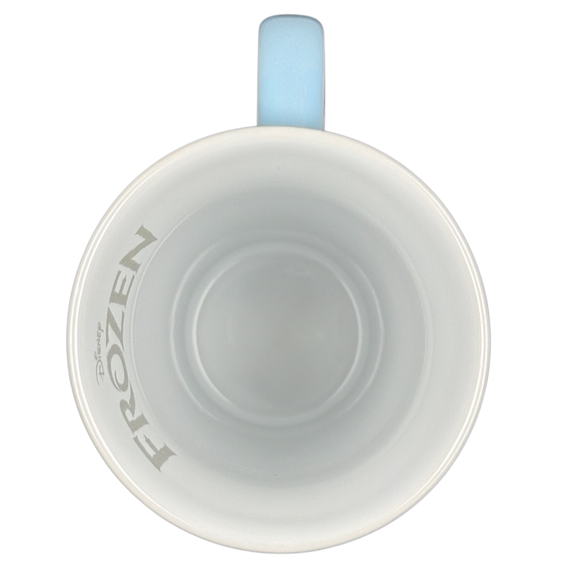 Top view of white ceramic Frozen Elsa Disney mug with light blue handle and inner Frozen logo