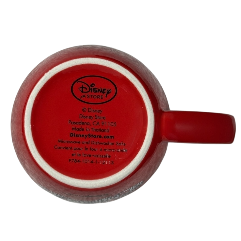 Bottom view of Disney Mickey Mouse Magic Around The World vintage mug showing red base and manufacturer details