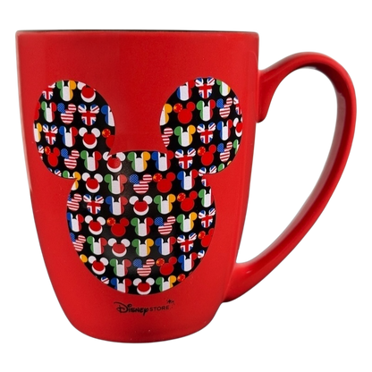 Disney Mickey Mouse Magic Around The World vintage mug with colorful flag pattern on red ceramic
