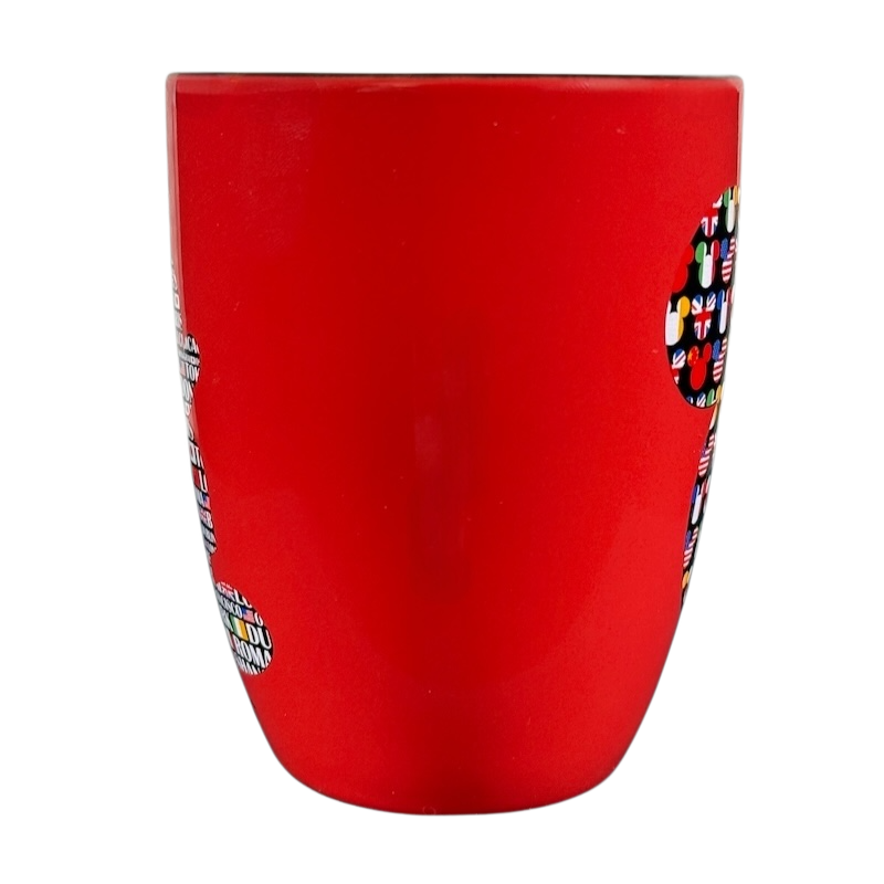 Red Disney Mickey Mouse Magic Around The World vintage mug with colorful Mickey head designs