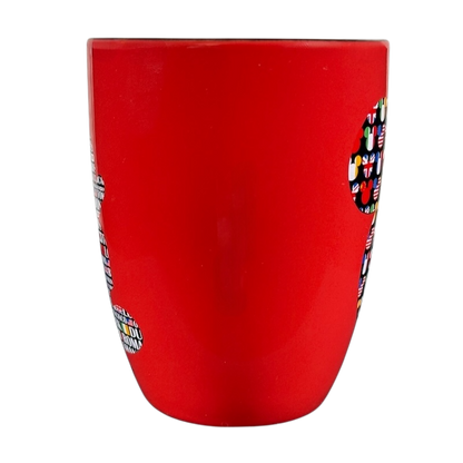 Red Disney Mickey Mouse Magic Around The World vintage mug with colorful Mickey head designs