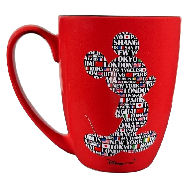 Red Disney Mickey Mouse Magic Around The World vintage mug with city names and flags silhouette design