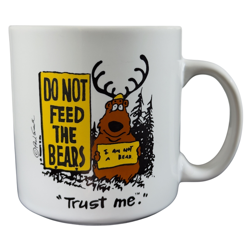 Brinker Ink do not feed the bears vintage mug featuring a humorous bear design and playful text