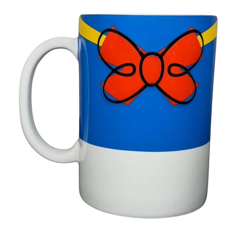Disney Donald Duck Bow collectible mug featuring a colorful bow design on a blue background