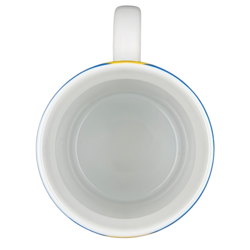 Top view of a white Disney Donald Duck Bow collectible mug with a blue rim