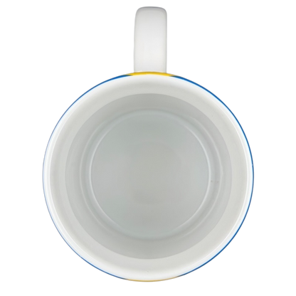 Top view of a white Disney Donald Duck Bow collectible mug with a blue rim
