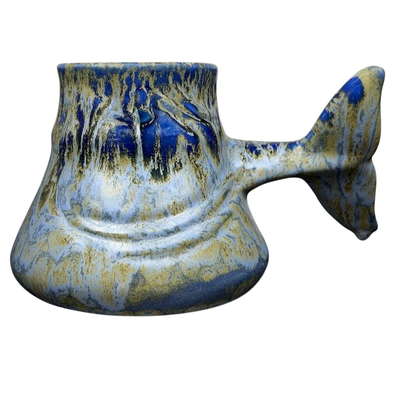 Doug Wylie Whale Tail Handle Mug in blue and gold with a unique whale tail design