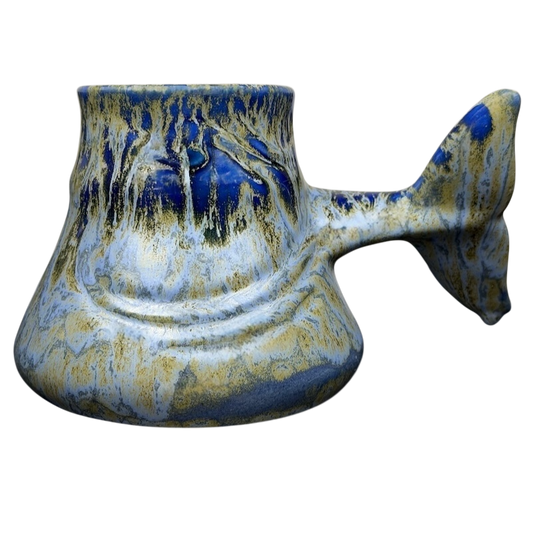 Doug Wylie Whale Tail Handle Mug in blue and gold with a unique whale tail design