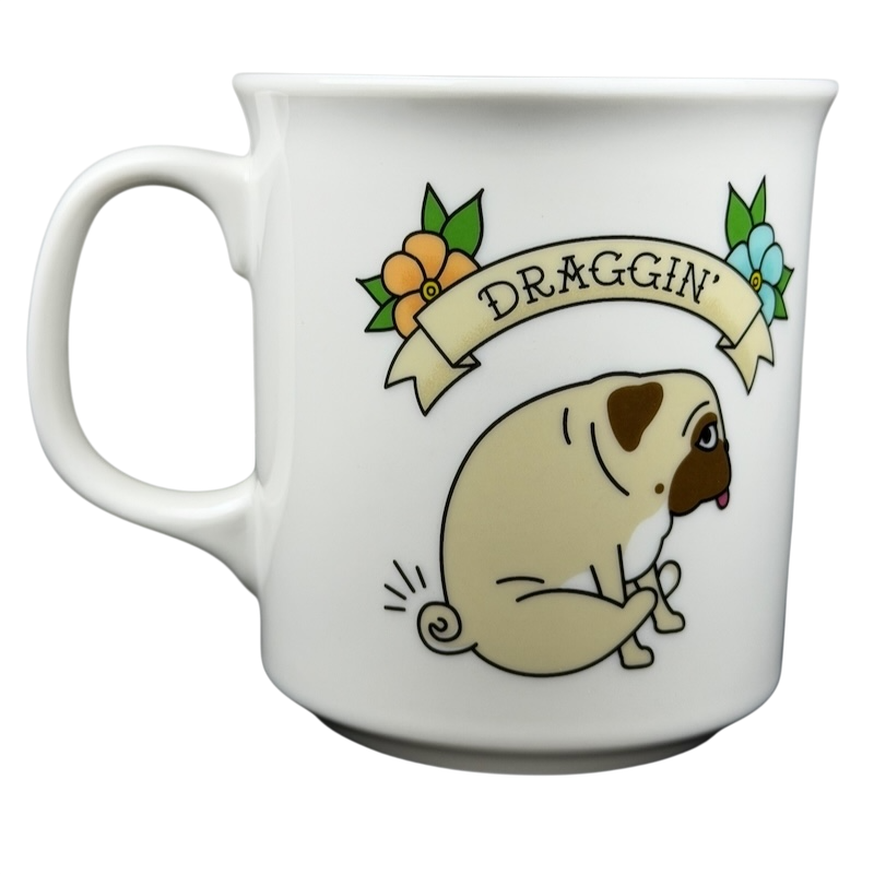 Fred Draggin Vintage Pug Dog Mug featuring a cute pug design and colorful flowers